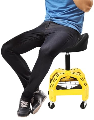 LOIRIIC Werkstatthocker, Hocker mit Rollen Verstellbarer Mechanischer Rollhocker Drehbarer Werkstattsitz Reparaturstuhl Maximale Belastung 130kg mit Ablage Geeignet 360° Drehbarer
