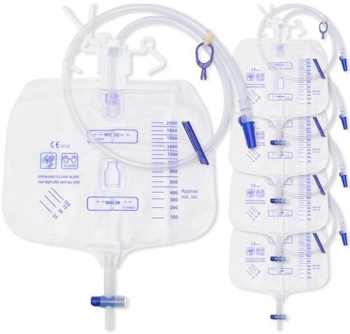 5PCS Catheter Urinary Drainage Bags, Catheter Bags for Men,Urine Bag with Large Anti-Reflux Chamber,Clips and Hanging Hook,0.4Diameter/48Long Tubing Flexible- Not Kinks 2000ML