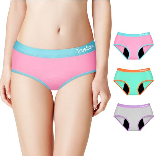 TrueEase Period Pants,Heavy Flow Girls 25ML Absorb Cotton Knickers Briefs,3 Pack Reusable period underwear,Period Pants for Teenage Girls 10-12 Years,Period Knickers Multicolour