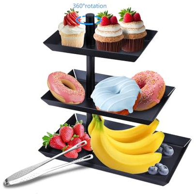 Présentoir à Fruits Noir avec 3 Étages, Ètagère Décorative Pivotant à 360°pour Le Petit Déjeuner, Plateau de Service avec Panino Al Pane, La Fête Étagère Décorative Triple pour Sucreries, Biscuits