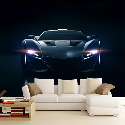 3D Panoramic Self-Adhesive Wallpaper Mural Modern Technology Sports Car Premium Non-Woven Art Print 300 x 210 cm for Bedroom, Living Room, or Corridor Wall Decoration Black