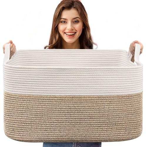 Esteopt Extra Large 65L Foldable Storage Baskets with Handles - Heavy Duty Cloth Organizer Box for Toys, Blankets, Seasonal Clothes - Collapsible Space Saving Design (55x38x30cm) (White Flaxen)