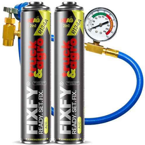 FIXFY Truck & Agro – Kit 2 en 1 para grandes aires acondicionados – Reemplazo del refrigerante R134a con aceite y tinte UV – Recarga independiente del aire acondicionado en camiones y maquinaria