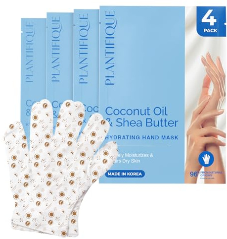 PLANTIFIQUE Hydrating Hand Mask Gloves 4 Pack – Korean Moisturizing Hand Treatment with Hyaluronic Acid, Shea Butter & Macadamia – Nourishing Vegan Care for Dry, Rough Hands