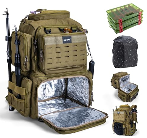 Goture Angelrucksack mit 4 Angelboxen, 53L 600D wasserabweisender Angelrucksack mit Kühler, Rutenhalter, 8 Ködertaschen, Regenschutz, große Angeltasche, Aufbewahrung, Ausrüstungstasche für Camping