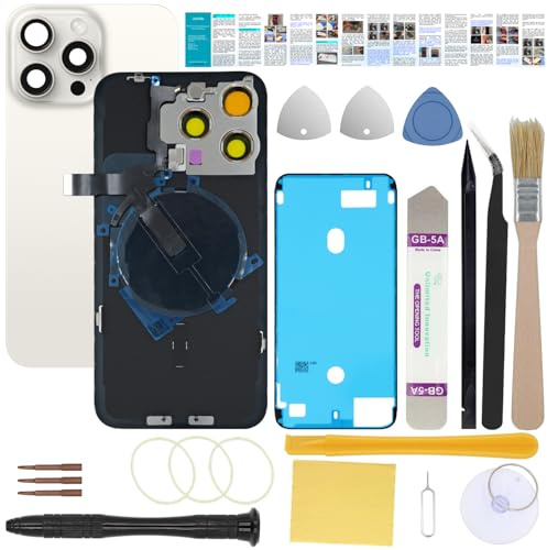 UooFide Back Rear Cover Screen Glass Compatible with iPhone 15 Pro 6.1-Inches All Carriers +Pre-Installed Plate +Wireless Charging Coil Flex Cable +Flashlight +Microphone +Camera Frame (White)