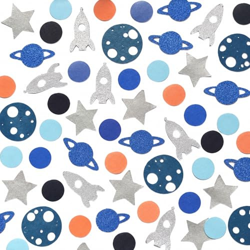 Fesnova Raum Konfetti Dekoration,Streudeko Planet Raumschiff Sterne,Konfetti Geburtstag Blau Silber Orange,Papierdekorationen für Babyparty Geburtstagsdeko Kleine Geschenke Deko Confetti, Tisch