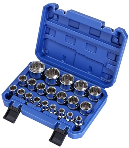 Bixury Juego de Llaves de Vaso 12 Caras 1/2 8-36 mm 21 Piezas Llaves de Vaso Multidiente 1/2 Juego de Vasos Gearlock Cr-V Multidiente Vasos 12 Caras con Estuche
