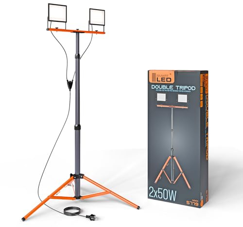 SmartLED Baustrahler Arbeitsstrahler mit Stativ 2x50W, LED Strahler 2x5500 Lumen, 1,60 m Einstellbar Teleskopisch, 360° Grad Drehung, 180 cm Kabel, IP65, kompakt und leicht (2x 50W 11000lm)