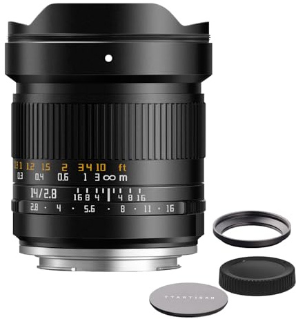 TTArtisan Objetivo ultra gran angular F2.8 de 14 mm F2.8 con campo de visión MF ASPH 114°, soporte de filtro externo de 77 mm, para cámaras E-Mount (A7 A7R A7S Series, A9, A6000, NEX