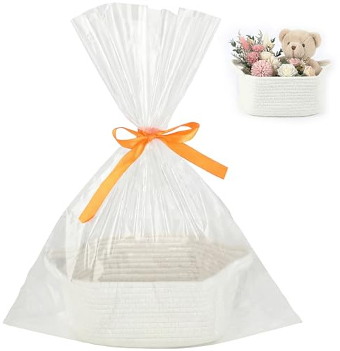 Kievano Cesto Regalo Vuoto in Cotone Intrecciato con Sacchetto e Nastro – Cesto Portaoggetti Ovale Bianco 30×20×12 cm per Baby Shower, Natale, Compleanno