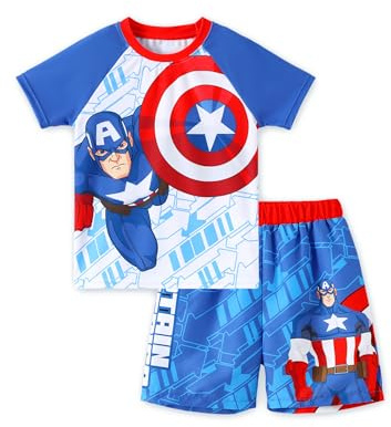 Disney Marvel Captain America Boys Swim Set Quick Dry Swimsuit 2 Pieces Seaside Bathing Suit Kids Swimwear Set Summer Rash Guard Shirts & Swim Trunk Blue Little Boy Swimming Clothes UPF 50+ 4-5 Years
