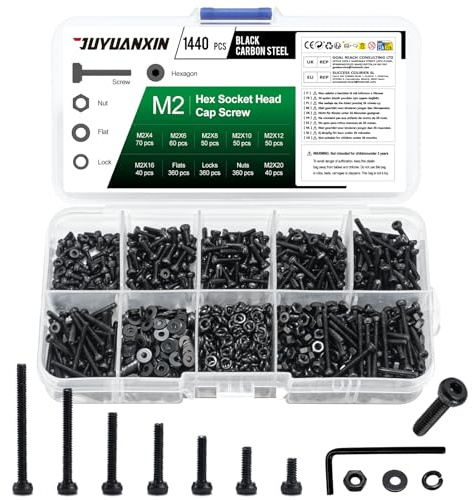 1440 Pcs M2 Bolts and Nuts Set, Assorted Nuts and Bolts Assortment, Carbon steel Screws, Hex Socket Head Cap Screws with Washers Set, Machine Screw Assortment Kit