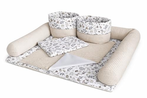Wickelauflage Set 6-teilig – Wickelunterlage aus Baumwolle & Waffelstoff – Baby Wickelauflage – Geschenk zur Babyparty – Wickeltischauflage – 75x75 cm (Breite x Tiefe), Zweige und hellbeige