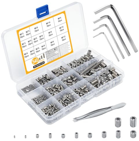 540 Pz Viti Senza Testa Esagonale Argento, M2 M3 M4 M5 M6 M8 | vVis Poignées de Portes, Visserie à Tête Hexagonale pour Visser Pointeau Poignées de Portes