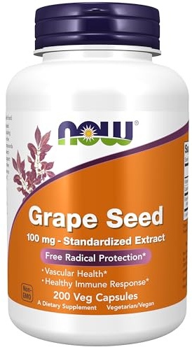 NOW Foods Supplements, Grape Seed 100 mg - Standardized Extract, Highly Concentrated Extract with a Minimum of 90% Polyphenols, with Vitamin C, 200 Veg Capsules