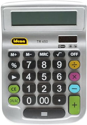 Idena 505292 - Tischrechner TR 450, 12-stelliges Display, Batteriebetrieb, Solarbetrieb, Wurzelberechnung, Prozentrechnung, Speicherfunktion, silber