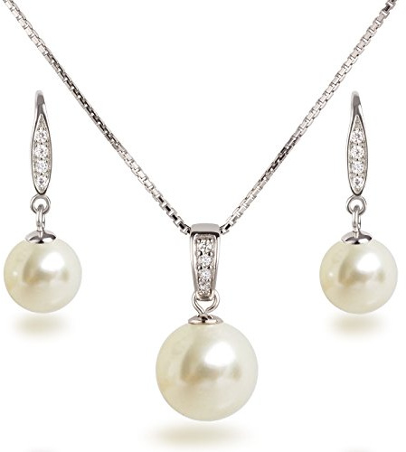Schöner-SD Schmuckset Perlen creme Anhänger Kette Ohrhänger Zirkonia 925 Silber