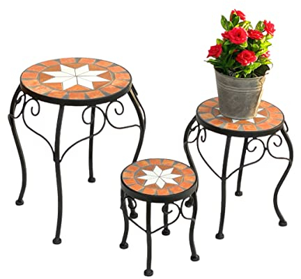 DanDiBo Tabouret Porte-Fleurs Merano Mosaïque 3er Set 12014 Porte Fleurs 20, 27, 37 cm Tabouret Rond