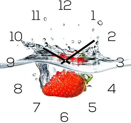 levandeo Wanduhr Glas 30x30cm Uhr Glasbild Erdbeere Rot Wasser Frucht Fruit Küchenuhr Wanddeko