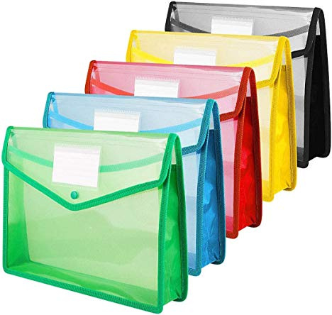 ASelected Document Pockets with Popper and Button - A4 Plastic Envelope Wallets Files Pack of 5 - Red, Blue, Yellow, Green, Black