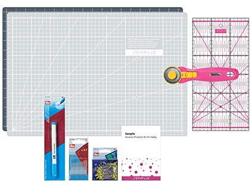 SEMPLIX Patchwork startset med skärunderlag (A3), rullskärare maxi, linjal + PRYM sömnader, stift och trickmarkör (grå/rosa)
