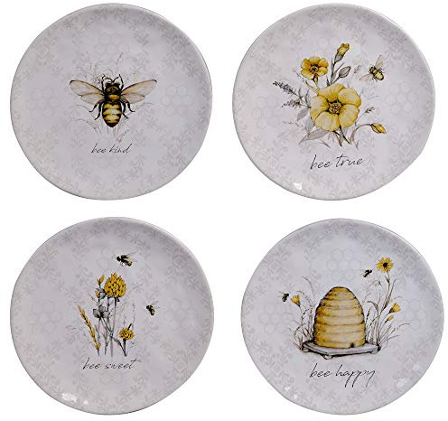 Bee Sweet 8.5 Ceramic Salad & Dessert Plates, Set of 4 – Assorted Bee & Floral Designs with Uplifting Sayings, Cottagecore Tableware for Spring, Brunch, and Everyday Dining