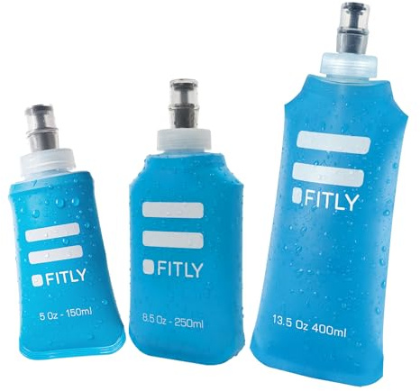 FITLY FLASKS Combo – 3 flasques souples pour hydratation pendant la course à pied, la randonnée, le cyclisme, l'escalade – Bouteilles d'eau pliables (5-95-150-250-400ml) – Bleu