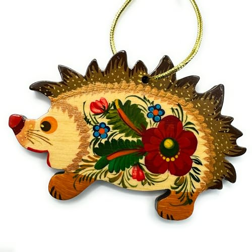 Christbaumschmuck Igel Holzfiguren für Weihnachtsbaum 10 х 7 х 0.5 cm Handgemacht und Beidseitig Handbemalt Das Ukrainische Kunsthandwerk Petrykiwka-Malerei für Ihre Weihnachten