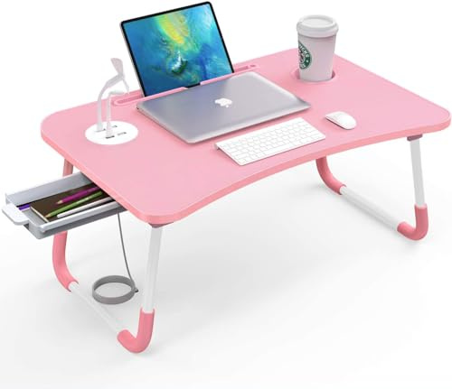 Elekin Portable Bed Tray, Lap Desk with Drawer/Cup Holder for Eating, Writing, Reading, Working on Bed/Couch/Sofa with Little Present (Small Lamp, Small Fan)-Pink