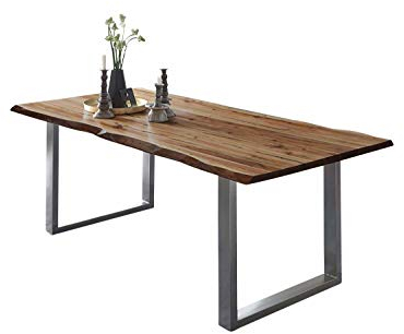 SAM Esszimmertisch 160x85 cm ULM, Baumkantentisch naturfarben, Akazienholz massiv, U-Gestell aus Metall Silber