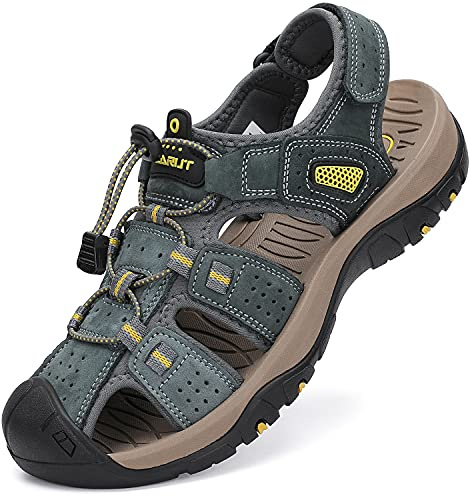 FLARUT Men's Sport Sandals Outdoor Hiking Sandals Closed Toe Leather Athletic Lightweight Trail Walking Casual Sandals Water Shoes (C-Gray,41)