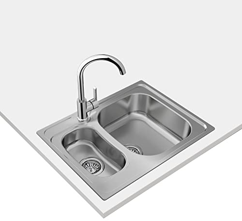 TEKA Fregadero Encastrado 1½ Cubetas Acero Inoxidable, Profundidad 160mm y 100mm, Reversible, Desagüe Manual con Canasta 3½ y Sifón, Para Mueble de 60cm, Universe 60 T-XP 1½C
