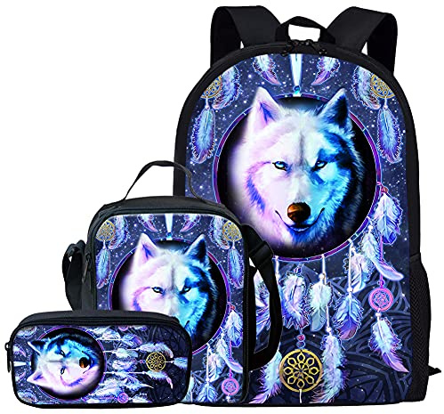 Ensemble de Sacs d'École Kuiaobaty pour Filles et Garçons 3 en 1 avec Sac à Lunch et Plumier pour Collège Moyen, Attrape-rêves Loup, Taille unique, Moderne