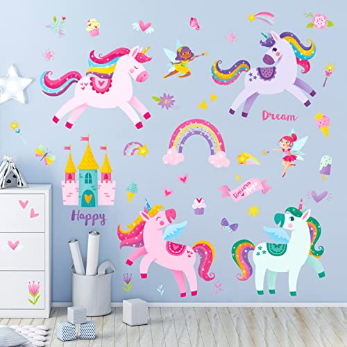 DECOWALL Einhorn Wandsticker Regenbogen Fee Sterne Wanddeko (DS9-2119) | Bunte Einhörner mit Regenbogen, Fee, Sternen und Schloss sorgen für eine märchenhafte Wandgestaltung