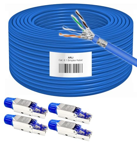 ARLI 25m Cat8.1 Verlegekabel + 4x RJ45 Netzwerkstecker Werkzeuglose Montage bis zu 40 Gbit/s & 2000 MHz S/FTP doppelt geschirmt LSZH halogenfrei PoE+ & Multimedia Ethernet Netzwerkkabel Cat8