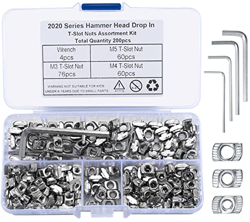 196 Pezzi Dadi a T, Dado a T-Scanalatura in Acciaio Carbonio Placcato Zincato, M3 M4 M5 Dadi a T a Testa di Martello con 4 Pezzi Chiavi Esagonale per Profilo in Alluminio