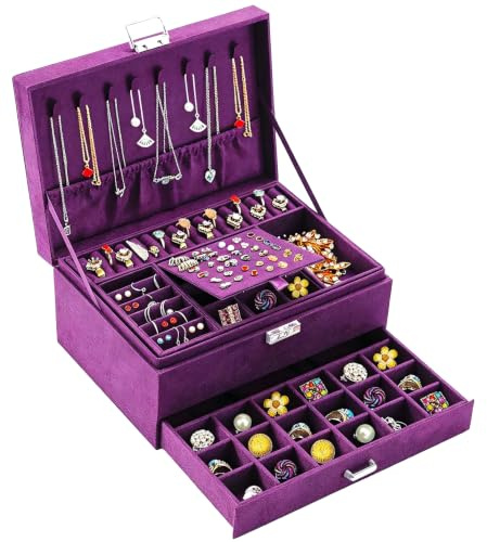 QBestry 3-Layer Jewelry Box for Women with Lock and Key & Drawer, Large Jewelry Organizer with 8 Necklace Hooks & 56 Earring Holes, Purple Velvet Jewelry Storage Box for Necklace Earring Ring Bracelet