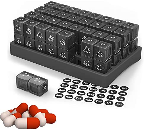 Tablettenbox Monat 31 Tage, Pillendose Monat 2 Fächer pro Tag, Medikamentenbox Morgens Abend BPA frei Täglich Feuchtigkeitsbeständig Pillenorganisator für Reise Tasche, Große Fächer