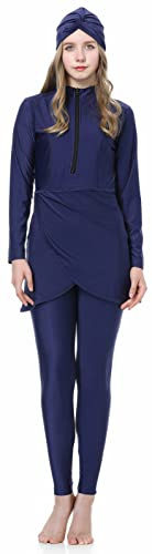 WOWDECOR Muslimsk baddräkt för kvinnor, 3 delar, heltäckande dragkedja fram, badkläder, islamisk rashguard, burkini, Mörkblått, XXL