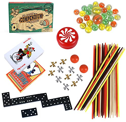 GOTHINK 6 in 1 Klassische Spiele Set mit Doppel 6 Dominos, Hüpfspiel mit Ball und Metallhüpfern, Mikado Stäbchen, Spielkarten, Murmeln, Yo Yo – Gesellschaftsspiel für Kinder und Familien