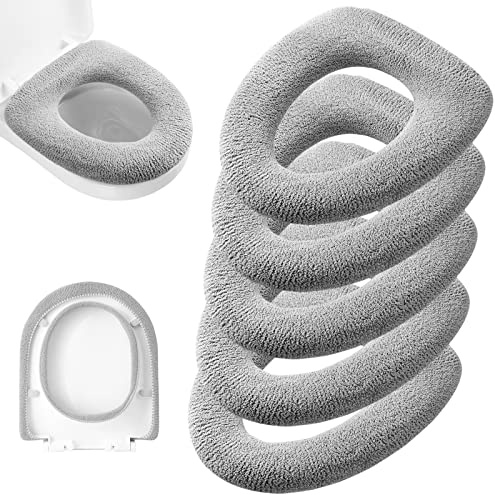 Legigo Dickere WC-Sitzbezüge, weich, wärmer, dehnbarer, waschbarer Fasertuch, einfache Installation, bequemer WC-Deckelbezug (gestrickt, länglich, grau), 5 Stück