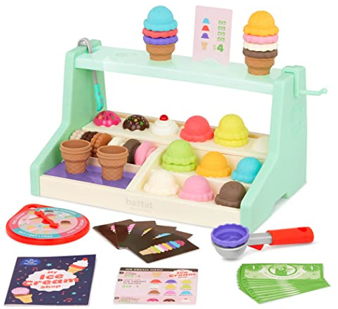 Battat Education – Ice Cream Toys for Kids – Play Ice Cream Set – Ice Cream Stand for Toddlers – Ice Cream Playset – 3 Years + – My Ice Cream Shop (60 Pcs) | Educational ice cream stand with scoops, cones, play cards, money, menu, game wheel, and guide for pretend play, 3+ Years