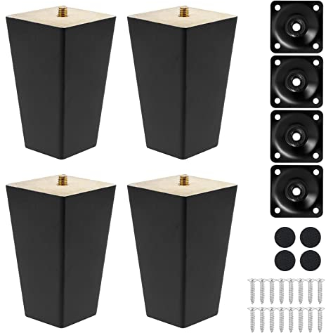 Knpwer 4 Stück 10 cm Möbelfüße Holz Möbelbeine, Massivholz Beine Aus Eiche für Stühle Schrank Sofa Bett Couch, mit Montageplatten, Schrauben und Filzgleiter
