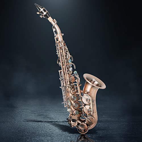 BOTOWI Professionelle B-Flach Saxophon Soprano Full Kit mit handgefertigten Carve-Muster für Studenten Anfänger, rote Bronze Bb Sopran-Saxophon Holzblasinstrument für Leistung, Shell-Tasten