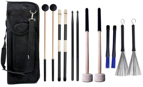 TUOREN Große Trommelstöcke Tasche mit 6 Paar Drum Stick und Schlägel Set Nylon Drum Sticks, Bambus Jazz Drumsticks, einziehbare Trommeldrahtbürsten, Bass Drum Schlägel für Jazz Folk Rock Band Drummer