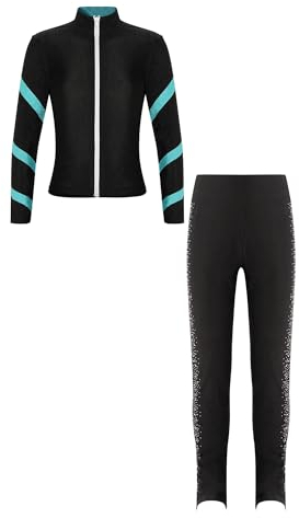 inhzoy Mädchen Eiskunstlauf Anzug Jacke Und Hose Kinder Eislaufen Trainingsoutfit Glitzer Sweatjacke Leggings Performance Sport Tanzkleidung Blaugrün_E 134-140