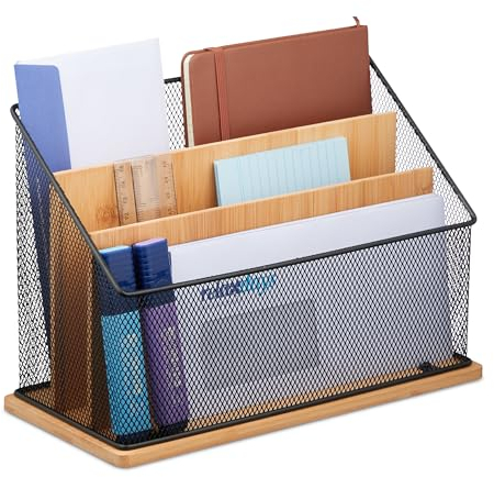 Relaxdays Dokumentenhalter, 3 Fächer, Metall & Bambus, Briefständer stehend, H x B x T: 20 x 29 x 14 cm, Natur/schwarz