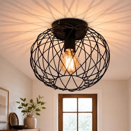 Glitzerlife Deckenlampe Schwarz Deckenleuchte Wohnzimmer 30CM Flurlampe | 1 Flammig Vintage E27 Retro Rund Metall Lampenschirm Industrial für Gang Schlafzimmer Küche (Ohne Leuchtmittel Max.40W)