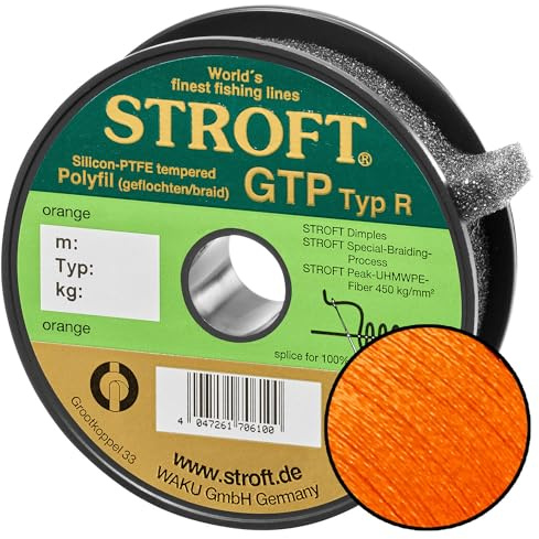 Schnur STROFT GTP Typ R geflochtene Angelschnur 150m orange 8-fach PE Braid, hohe Tragkraft, extrem abriebfest, rund & fest geflochten, für Spinnfischen & Raubfisch wie Barsch, Zander & Hecht